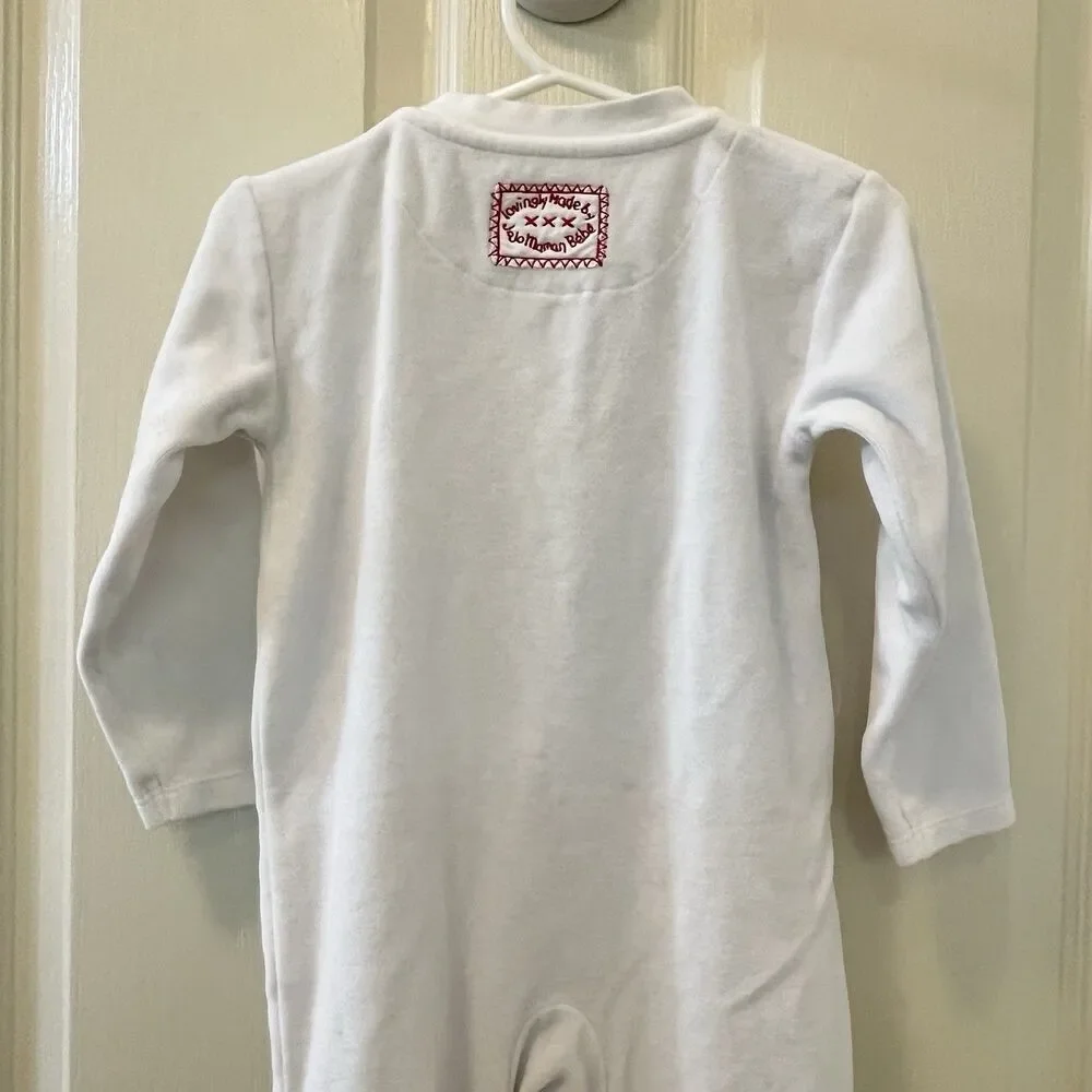 JoJo Maman Bébé White Velour Christmas Embroidered Footie Girls SZ 12-18 Months